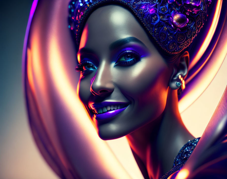 Radiant woman with purple makeup and ornate headdress on golden backdrop