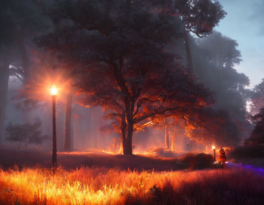 Enchanting dusk scene with glowing forest, purple flowers, lantern, and reflective character