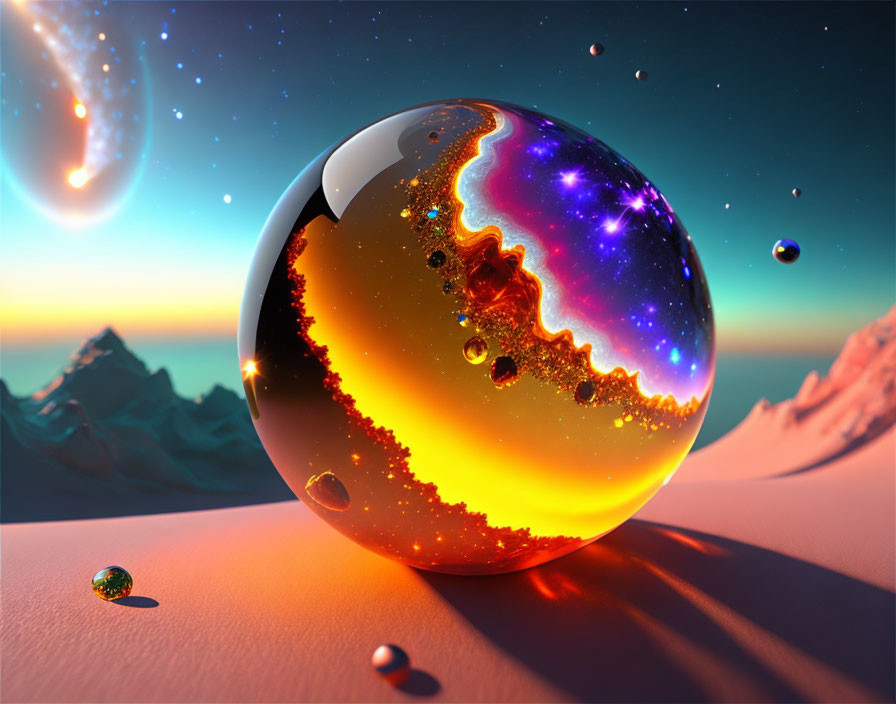 Reflective sphere with cosmic galaxy pattern in snowy mountain landscape