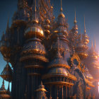 Ornate spherical buildings in futuristic city at twilight