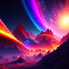 Vivid Sci-Fi Landscape with Neon Auroras and Glowing Sun