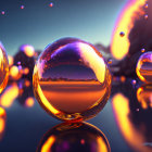 Reflective surface with glowing sunset landscapes in floating spheres on blue-orange gradient background