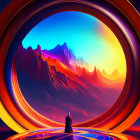 Person in Circular Portal Reflecting Red Mountain Landscape