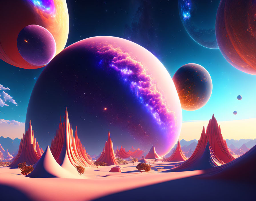 Colorful Sci-Fi Landscape with Towering Rock Formations, Planets, and Stars