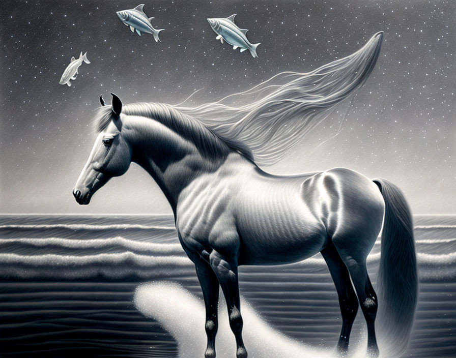 Surreal image of glossy horse by calm sea under starry night sky