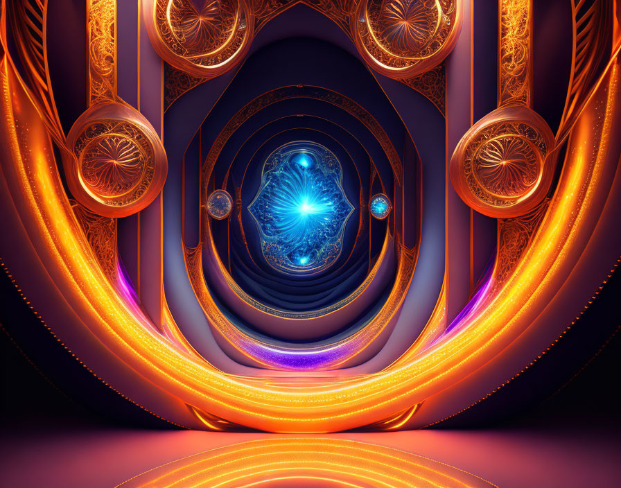 Symmetrical ornate structure in glowing orange and purple hues with blue core