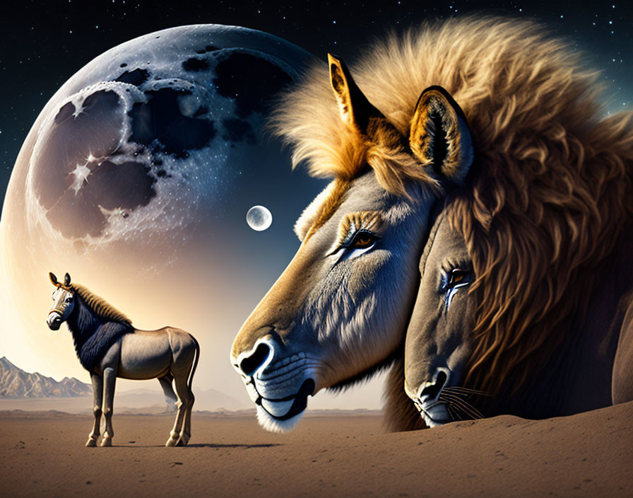 Digital Artwork: Zebra, Lions, Moon, and Stars in Desert Night