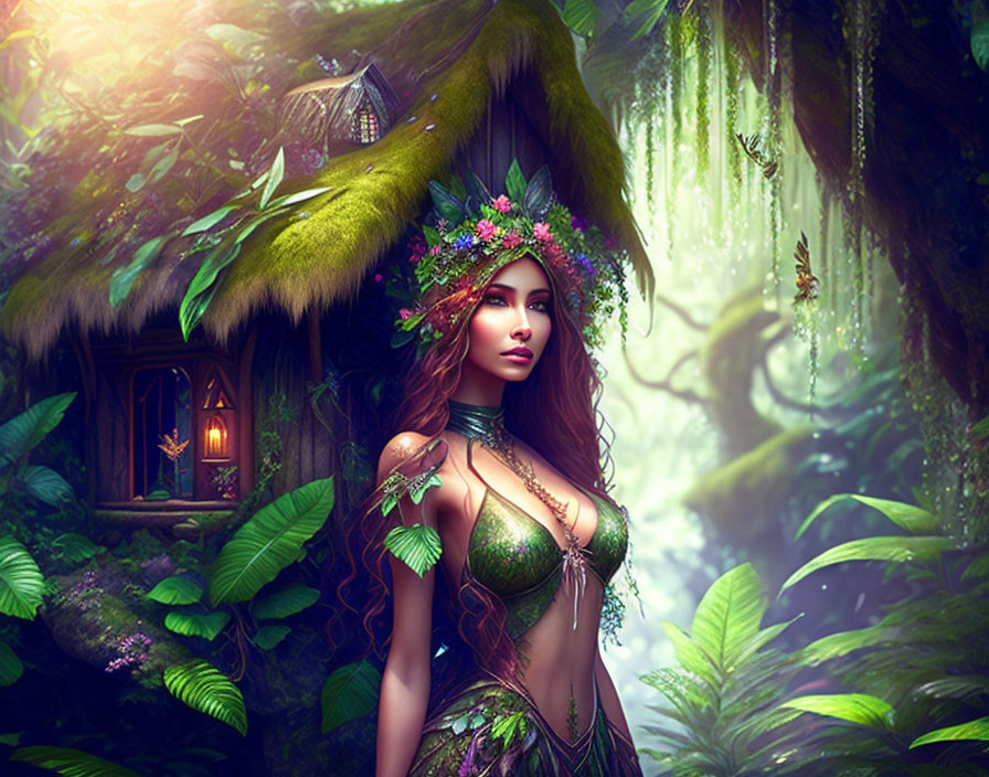 Mystical woman with flowers and leaves at enchanted forest cottage