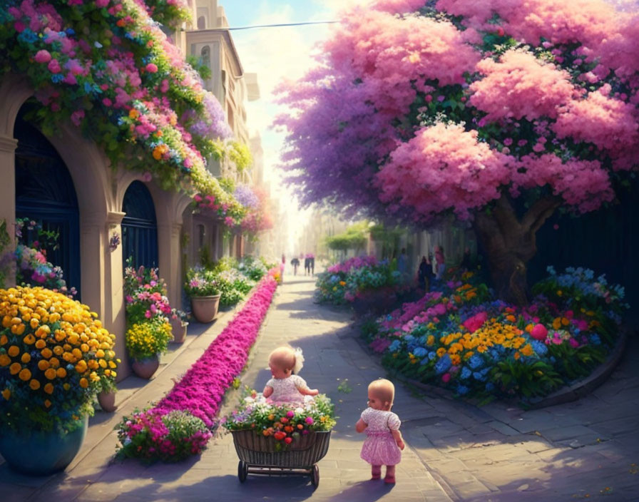 Vibrant street scene with two toddlers and colorful flowers