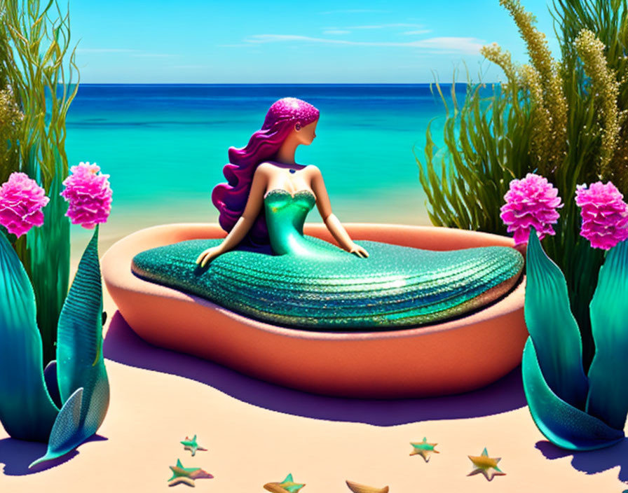 Animated mermaid with purple hair on clamshell by beach with starfish and sea plants against blue ocean