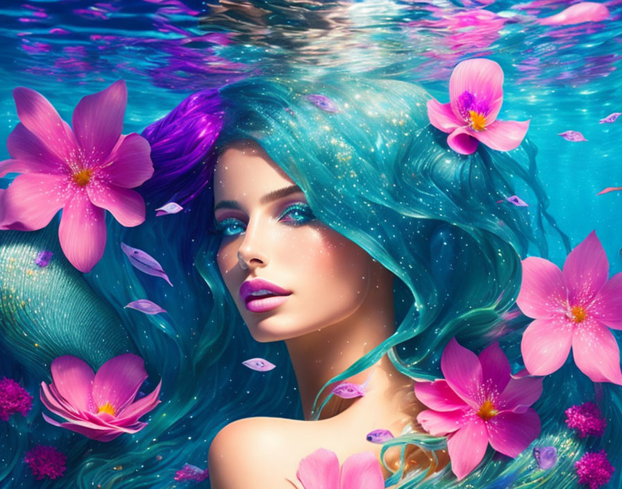 Vibrant turquoise hair woman submerged in crystal-clear blue water surrounded by fish