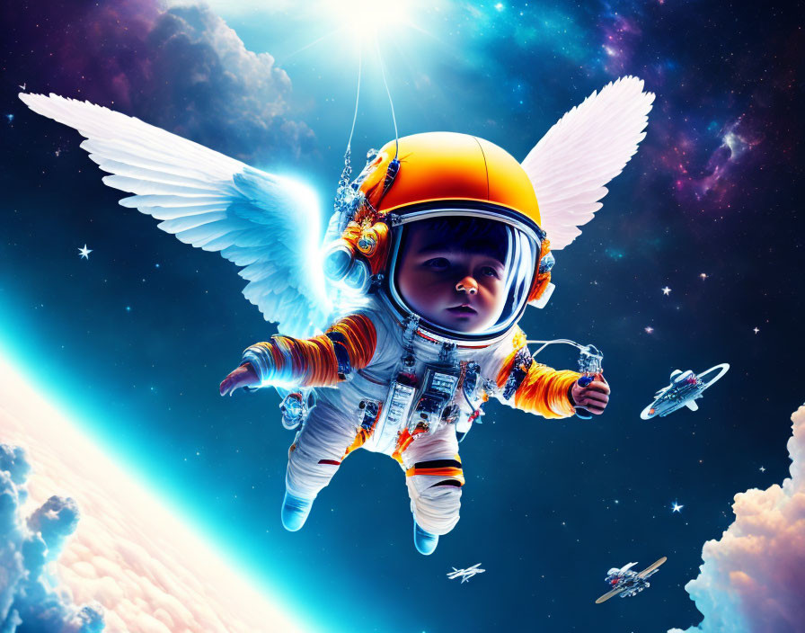 Toddler astronaut with wings in cosmic scene.