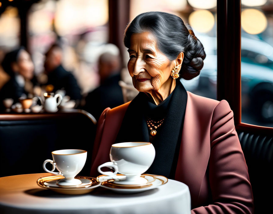 Sophisticated elderly woman at cafe table with coffee cups and pearls.