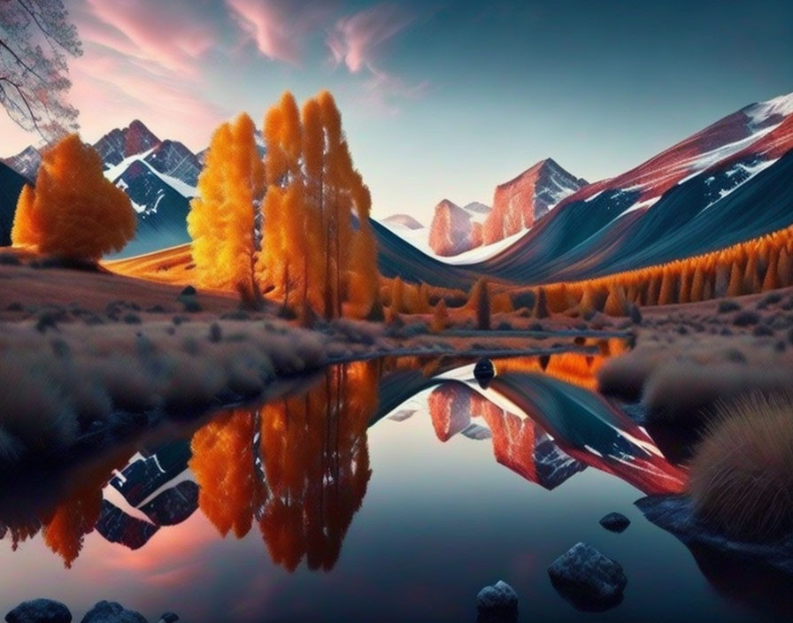 Tranquil lake mirroring autumnal scenery with colorful mountains and pink sky