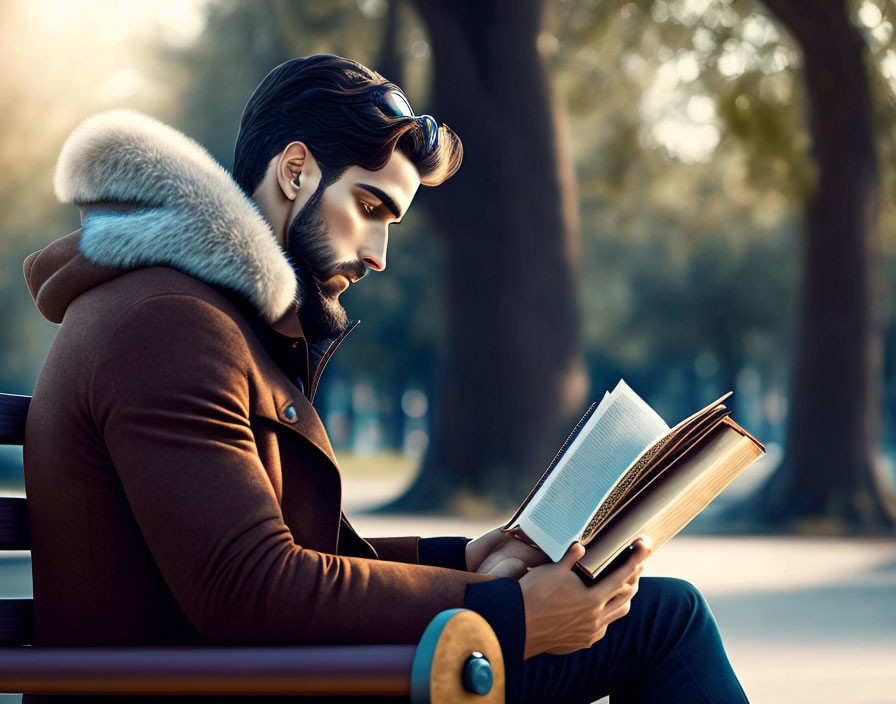 Bearded man reading book on park bench in peaceful setting
