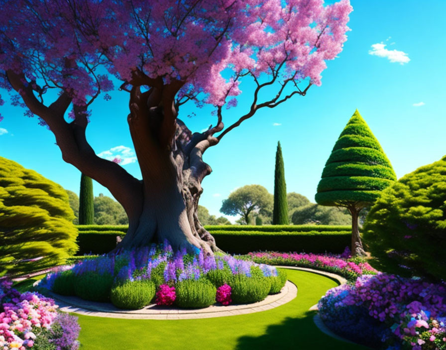 Lush Garden with Pink Blossomed Tree and Colorful Flowers