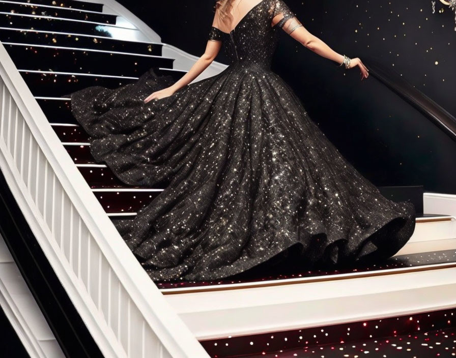 Person in Sparkling Black Gown Descending White Staircase at Night