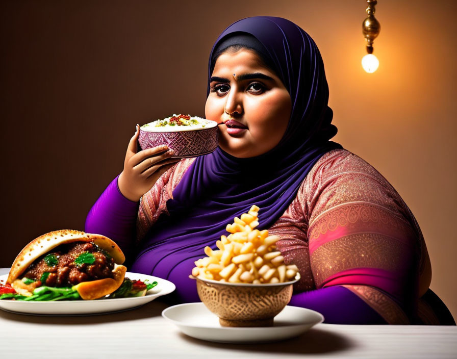 Illustration of woman in purple headscarf at table with burger, fries, and bowl