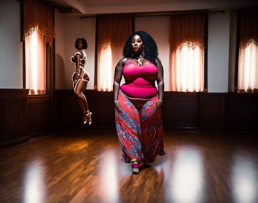 Stylish interior with two women, one posing confidently in red top and printed skirt.