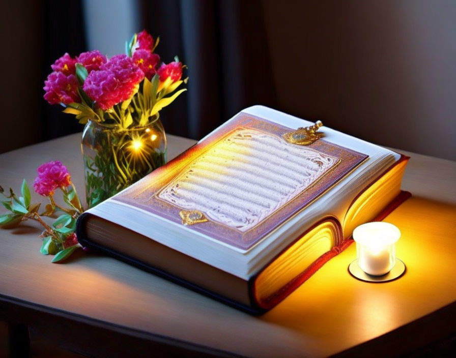 Open book with gold-edged pages, bookmark, candle, wooden table, pink flowers.