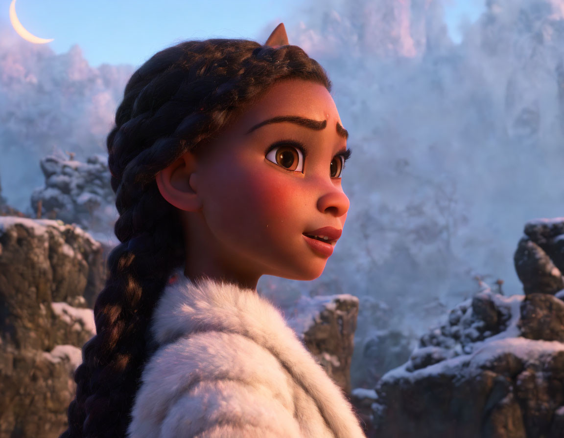 CG animated girl with braided hair and fur clothing in twilight setting.