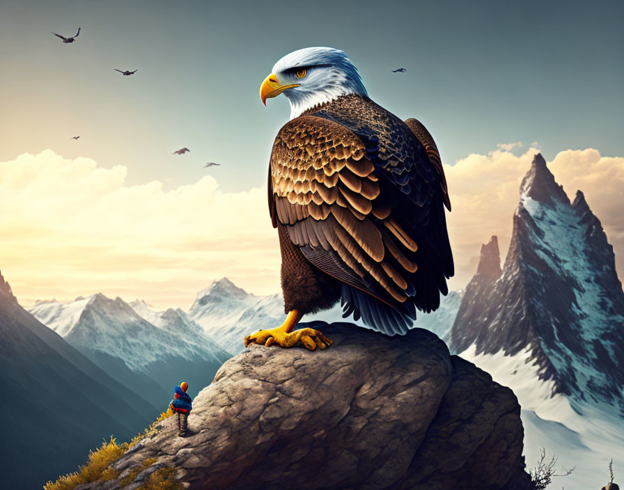 Majestic eagle perched on rock with human figure near soaring mountain peaks