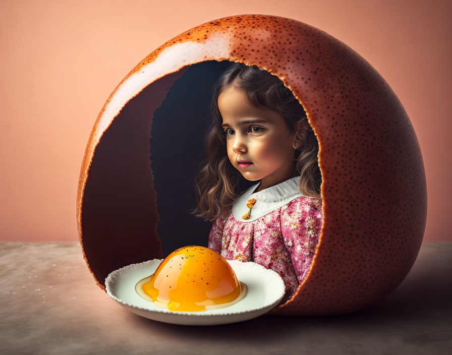 Young girl with cracked chocolate egg and sunny-side up egg on plate