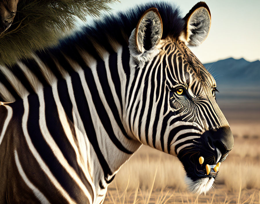 Zebra with black and white stripes in savanna at golden hour