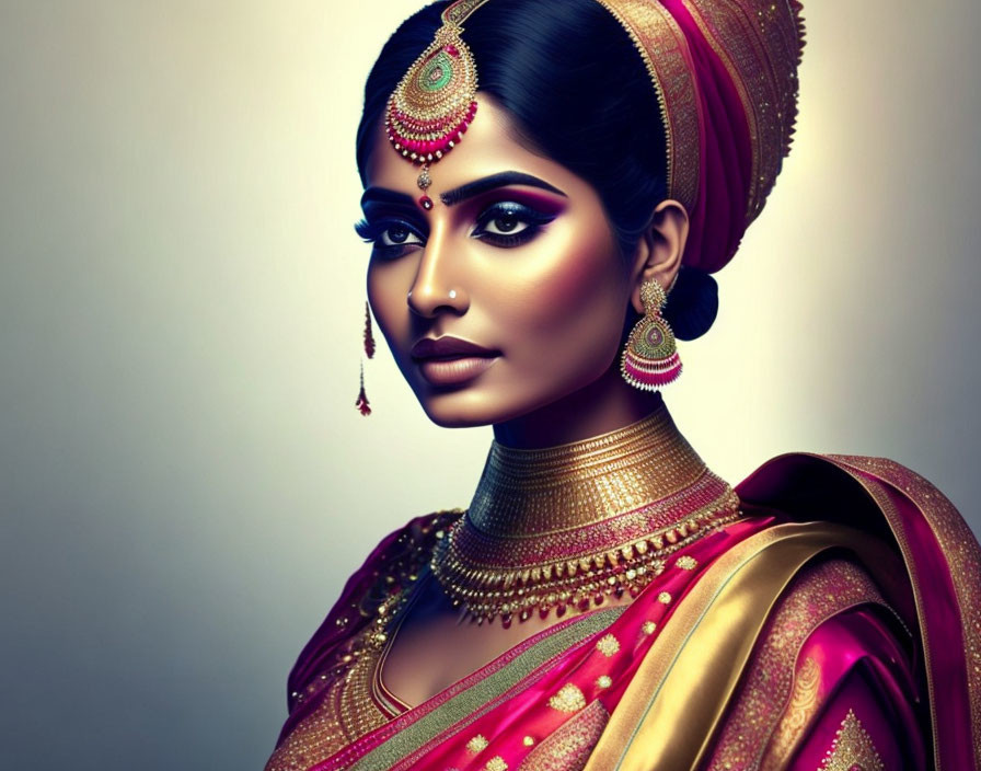 Traditional Indian bridal attire with elaborate jewelry and makeup on a woman.