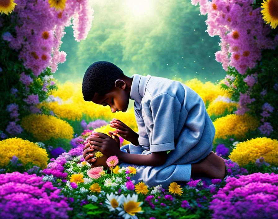 Young boy praying in colorful flower field with sunlight filtering through.