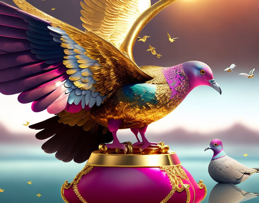 Golden-winged oversized pigeon perched on trophy with smaller companion against sunset backdrop.