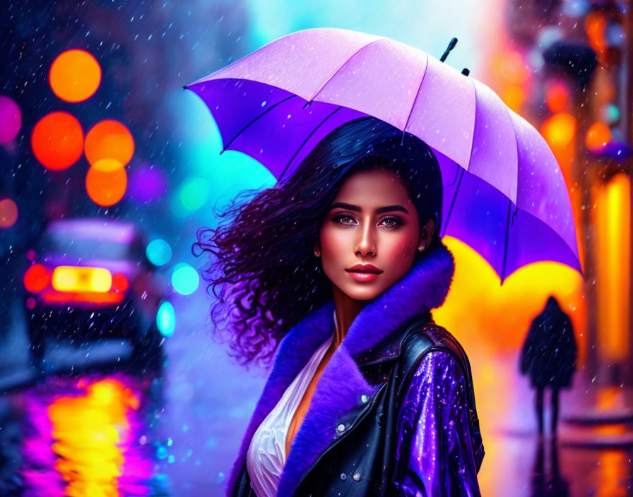 Woman with striking eyes holding purple umbrella in front of vibrant cityscape at dusk