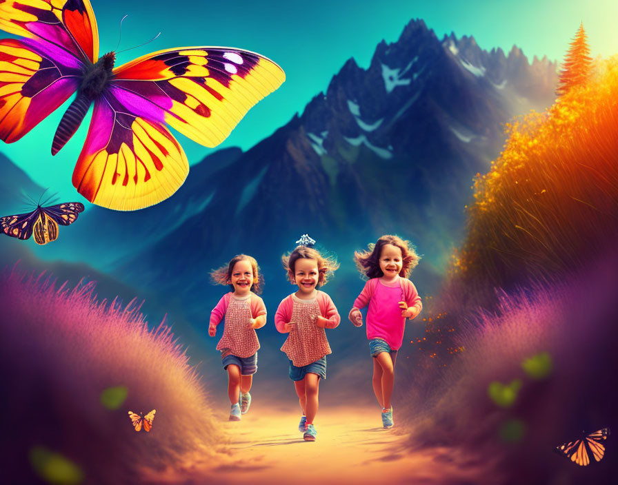 Children running with butterflies in front of majestic mountains.