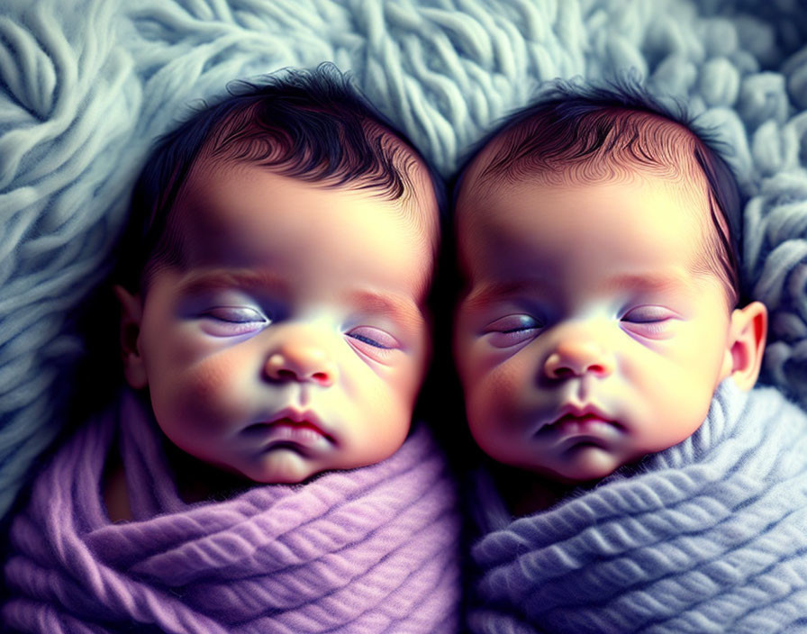 Two sleeping twin babies in soft blankets with dark hair, serene expressions.