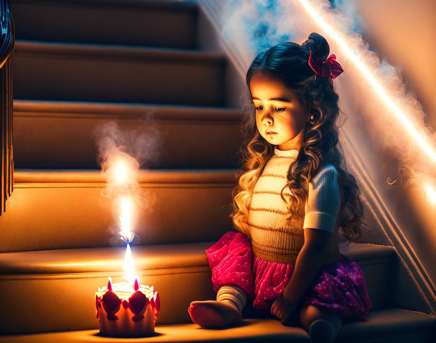 Curly-Haired Girl on Stairs with Candle and Sparkler