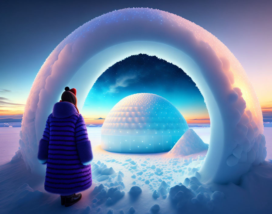 Purple striped coat figure admires glowing igloo under icy arch at sunset.