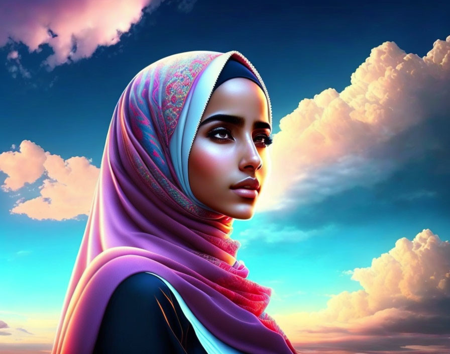 Digital artwork: Woman in hijab under vibrant sky at sunrise/sunset