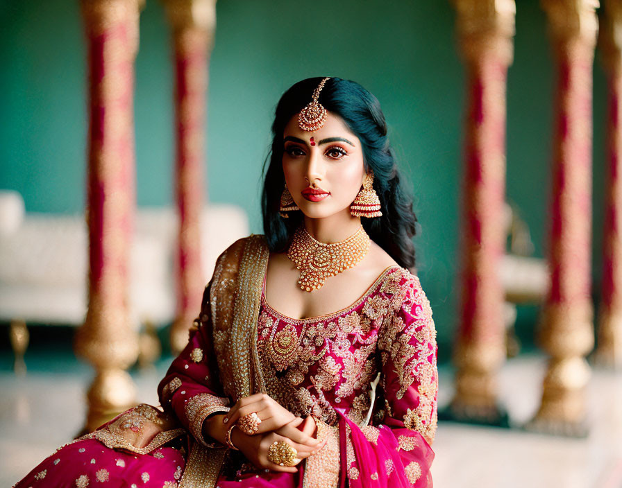 Traditional Indian Attire Woman Poses in Ornate Pillared Room