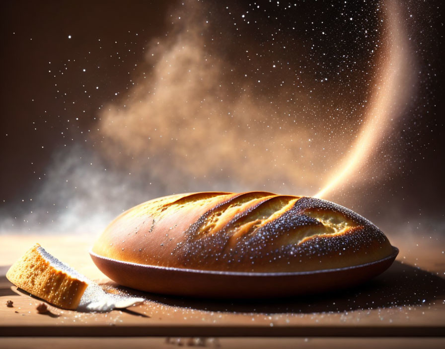 Steamy freshly baked bread on wooden table with warm lighting