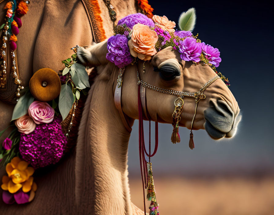 Colorful Camel Decorated with Flowers and Jewelry on Blurred Background