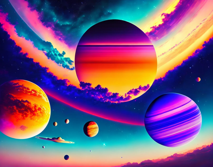 Colorful cosmic scene with multiple planets and spaceship in vibrant hues