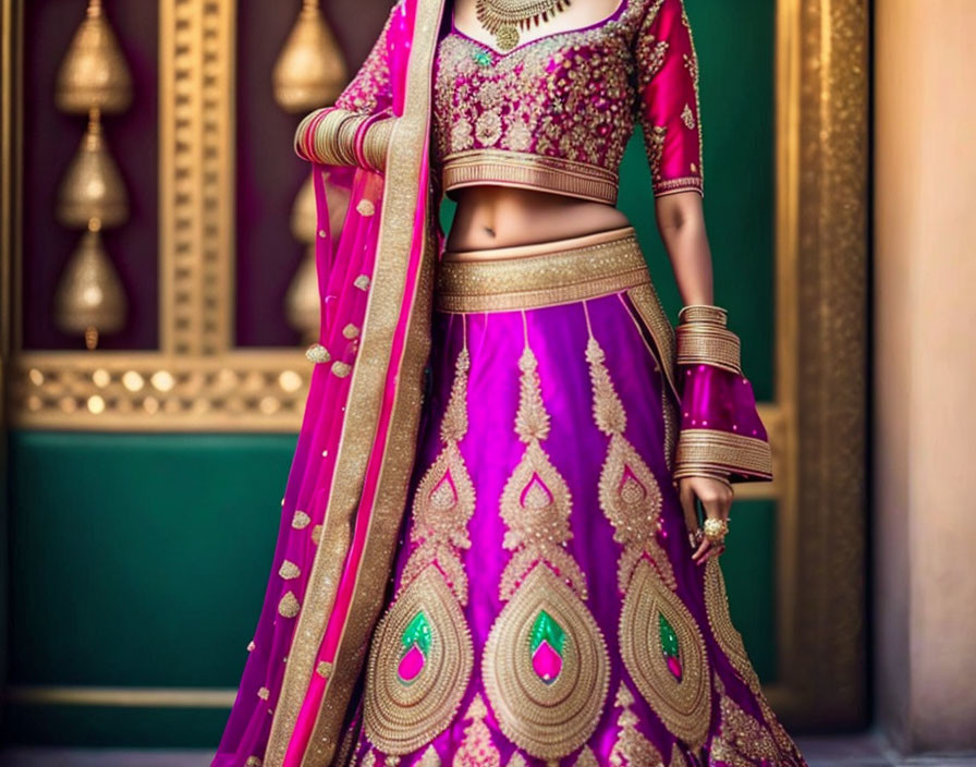 Elegant Woman in Vibrant Magenta Lehenga and Gold Accessories