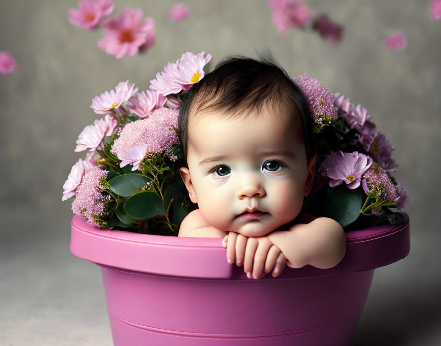 Infant with Big Eyes in Pink Pot Surrounded by Purple Flowers