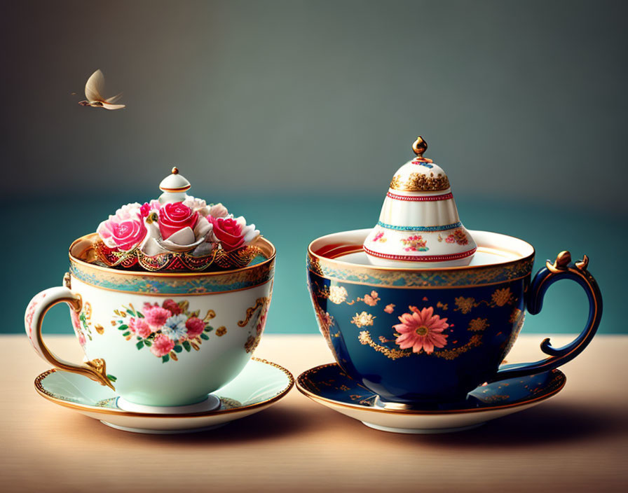Floral-patterned stacked teacups with butterfly on gradient background