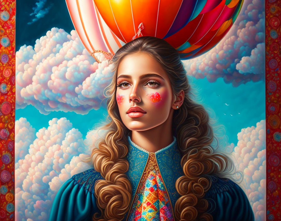 Illustration of woman with blue eyes and wavy hair, hot air balloon and clouds in background