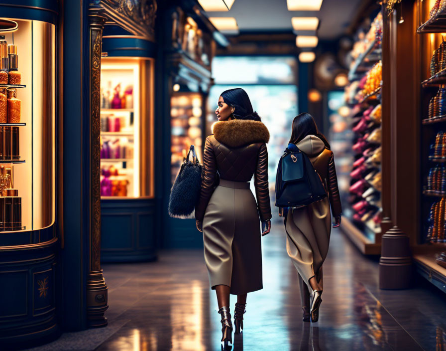 Luxurious shopping arcade with elegant shop fronts and warm lighting