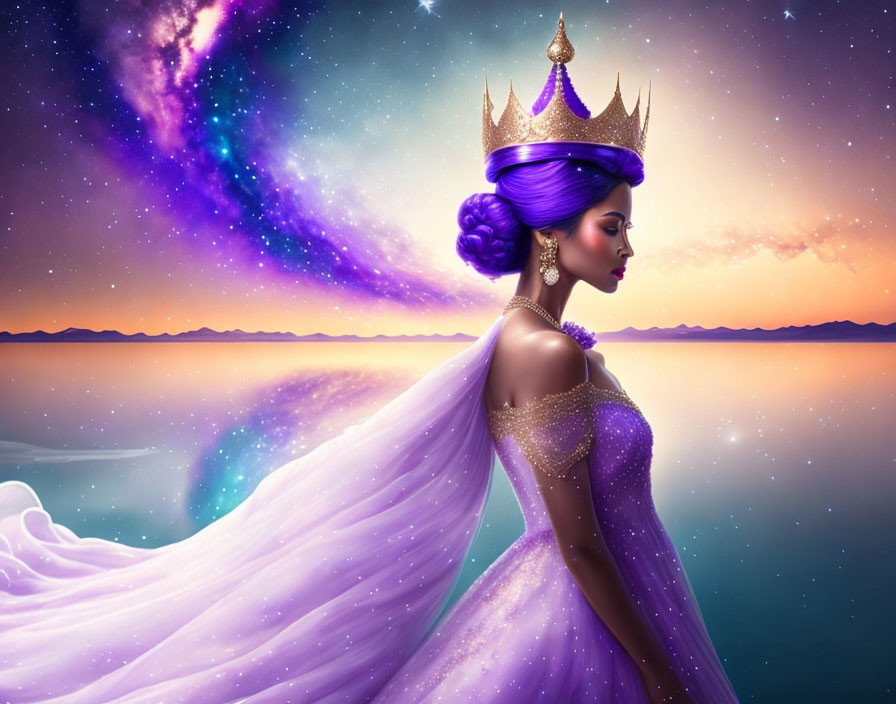 Animated queen with purple crown and dress in cosmic sunset backdrop
