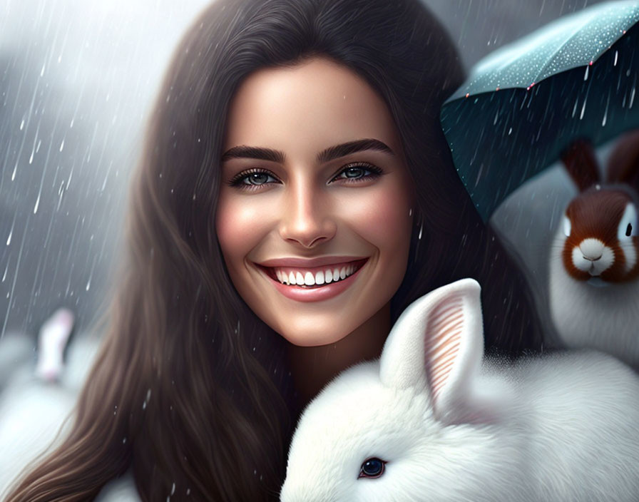 Smiling woman with dark hair, snowflakes, and white rabbits