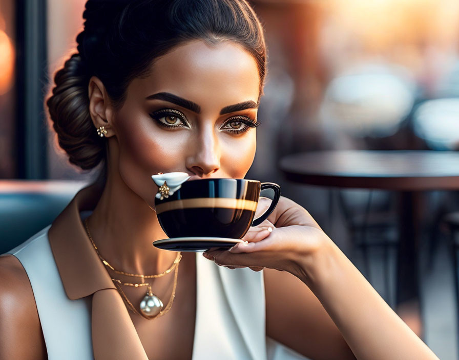 Woman with dramatic makeup and jewelry sipping from a black cup at a café