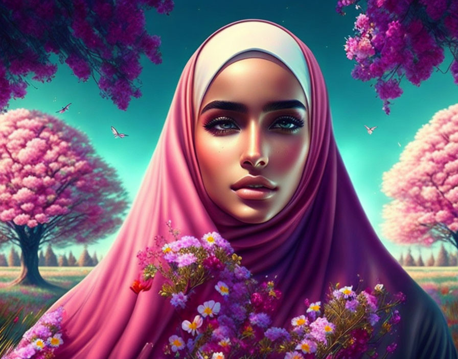 Woman in Pink Hijab Surrounded by Blossoms and Butterflies